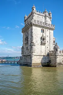 Touristic Prints: View of Belém Tower (Torre de Belém) on a sunny day, Lisbon, Portugal, Europe