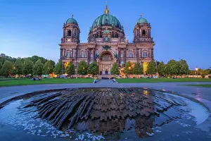 View of Berliner Dom (Berlin Cathedral) viewed from Lustgarten at dusk, Berlin, Germany, Europe