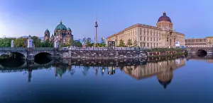 River Spree Prints: View of Berliner Dom, Berliner Fernsehturm and Humboldt Forum reflecting in River Spree at dusk