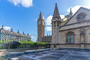 Recreational Prints: View of Big Ben clock tower showing Parliament Square and nearby structures during summer in Westminster