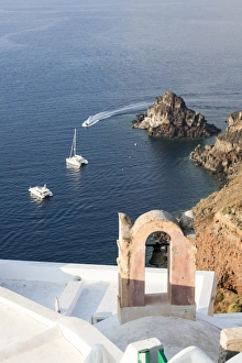 Top view of the blue Aegean Sea from the typical village of Oia, Santorini, Cyclades