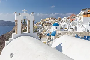 White Washed Prints: View of blue domed churches and Oia village, Santorini, Aegean Island, Cyclades Island