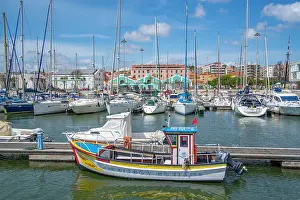 Docked Prints: View of boats in Bom Sucesso Marina on a sunny day, Lisbon, Portugal, Europe