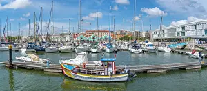 Docked Prints: View of boats in Bom Sucesso Marina on a sunny day, Lisbon, Portugal, Europe