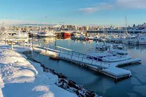 Hafnarfjorour Prints: View of boats in Hafnarfjorour Marina and town in background in winter
