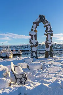 Vessel Prints: View of boats in Hafnarfjorour Marina and town in background in winter