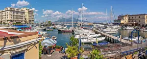 Seafront Prints: View of boats in harbour, restaurants and Mount Vesuvius from Ovo Castle