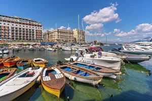 Rope Prints: View of boats in harbour, restaurants from Ovo Castle, Naples, Campania, Italy, Europe