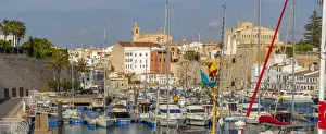 Menorca Prints: View of boats in marina and Catedral de Santa Maria de Menorca in background
