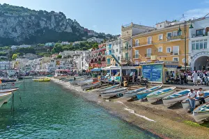 Docked Prints: View of boats in Marina Grande overlooked by Capri Town in the background