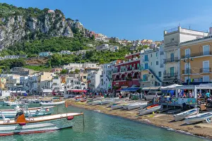 Docked Prints: View of boats in Marina Grande overlooked by Capri Town in the background