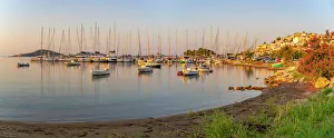 Sporades Islands Prints: View of boats overlooking Skiathos Town at sunrise