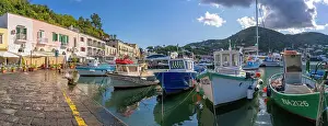 Scenic Landscape Prints: View of boats and restaurants in Porto d'Ischia (Port of Ischia)