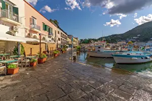 Waterfront Dining Prints: View of boats and restaurants in Porto d'Ischia (Port of Ischia)