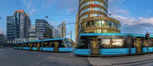 Public Spaces Prints: View of buildings and city trams in Jernbanetorget, Oslo, Norway, Scandinavia, Europe