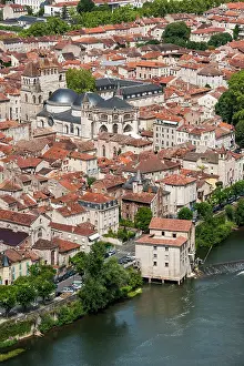 Regional Prints: View of Cahors with Saint-Etienne Cathedral from Mont Saint Cyr in Midi-Pyrenees region