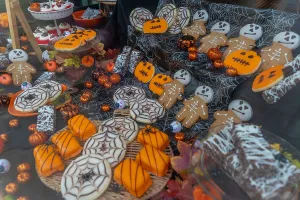 Goods Prints: View of cake shop window filled with sweets and baked goods during autumn season in Chesterfield
