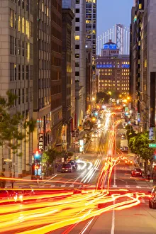 View of California Street and Oakland Bay Bridge at dusk, San Francisco, California