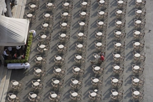 Piazza San Marco Prints: View from Campanile of two diners and musicians at Open Air Cafe, St