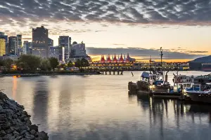 Canadian Culture Prints: View of Canada Place and urban office buildings at sunset from CRAB Park, Vancouver