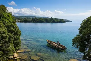 Malawi Prints: View over a canoe on Nkhata Bay, Lake Malawi, Malawi, Africa