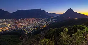 Signal Hill Prints: View of Cape Town, Lion's Head and Table Mountain from Signal Hill at dusk