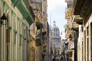 Capitolio Prints: A view of the Capitolio seen through the streets of Habana Viejo (old town)