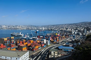Valparaiso Prints: View over the cargo port of Valparaiso, Chile, South America