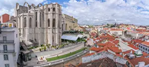 Tiles Prints: View of Carmo Archaeological Museum from Santa Justa Lift on a sunny day