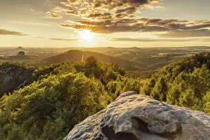 Saxony Prints: View over Carolafelsen Rocks to Schrammstein Mountains at sunset, Saxony Switzerland