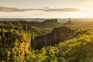 Saxony Prints: View over Carolafelsen Rocks at sunset, Elbsandstein Mountains, Saxony Switzerland