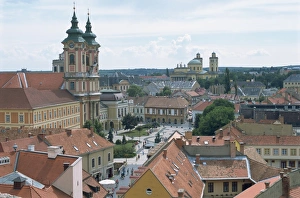 View from the castle looking down onto Istvan Dobo Ter Square