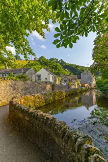 Forts Prints: View of Castleton village and stream overlooked by Peveril Castle, Hope Valley