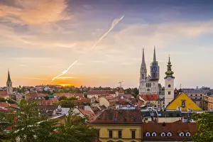 Traditionally Croatian Prints: View of the Cathedral of the Assumption Blessed Virgin Mary at dawn, Zagreb, Croatia