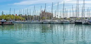 Sailboat Prints: View of Cathedral-Basilica de Santa Maria de Mallorca from Passeig Maritime