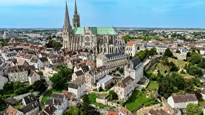 Towers Prints: View of the cathedral of Chartres and surrounding buildings from above in France