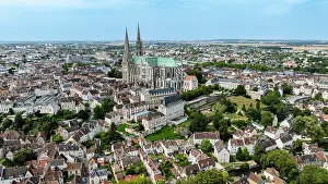 Towers Prints: View of the cathedral of Chartres and surrounding city from the air in France