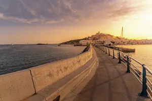 Eivissa Prints: View of Cathedral and Dalt Vila from harbour at sunset