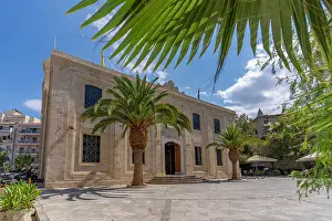 Crete Prints: View of Cathedral Holy Temple of Saint Titus surrounded by palm trees in Heraklion Crete on a sunny day