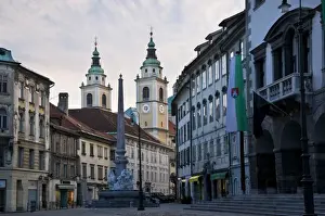 View towards the Cathedral of St. Nicholas along the streets of the old town of Ljubljana