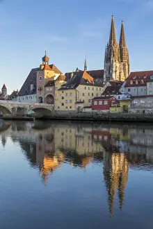 Regensburg Prints: View to the Cathedral of St. Peter, the Stone Bridge and the Bridge Tower, Regensburg