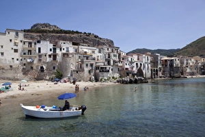 Cefalu Prints: View of Cefalu beach, Sicily, Italy, Mediterranean, Europe