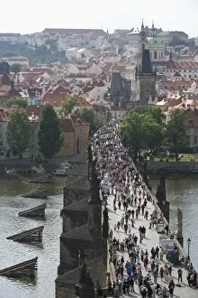 View of Charles Bridge over River Vltava, UNESCO World Heritage Site, from Old Town Bridge Tower