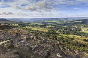 View towards Chatsworth from Curbar Edge, with Calver and Curbar villages, Peak District