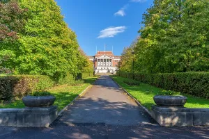 Center Prints: View of Chesterfield Town Hall surrounded by trees and pathways during autumn in Derbyshire