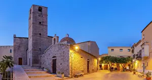 View of Chiesa Parrocchiale di S. Paolo Apostolo church at dusk, Olbia, Sardinia, Italy, Mediterranean, Europe