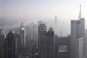 Images Dated 26th October 2005: View of China Life building looking towards Nanpu bridge, Shanghai, China, Asia