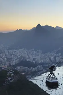 Overhead Cable Car Prints: View of Christ the Redeemer statue and Botafogo Bay from Sugar Loaf Mountain