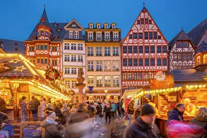 View of Christmas Market on Roemerberg Square at dusk, Frankfurt am Main, Hesse, Germany, Europe