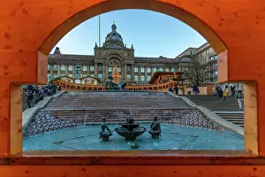 Water Fountain Prints: View of Christmas Market stalls